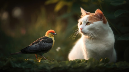 Cat and bird on the background of nature. AI generative.の素材