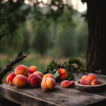 Peaches on the table against the backdrop of nature. AI generative.の素材