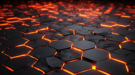 Screensaver or background of gray hexagons with orange hot lava between them. AI generative.の素材