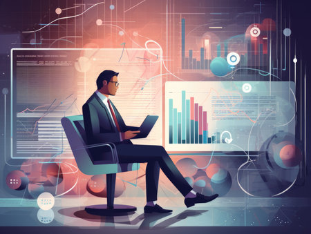 A busy man, an employee of the company looks at a business report. AI generative.の素材