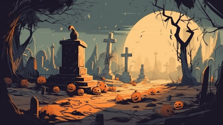 Pumpkin in the old cemetery. Halloween theme. Illustration. AI generative.の素材