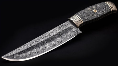 Handmade knife with Damascus steel blade. AI generative.の素材