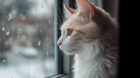 The cat looks out the window in winter. AI generative (3)-gigapixel-standard-scale-6_00xの素材