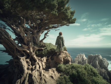 A woman and a tree on a cliff near the ocean. AI generative.の素材
