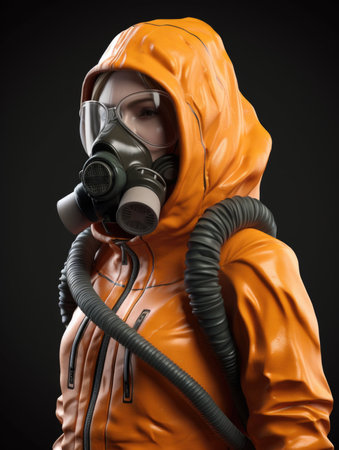 A woman in a gas mask and a protective orange anti-chemical suit. AI generative.の素材