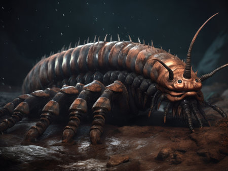 An alien animal in the form of a large centipede. AI generative.の素材