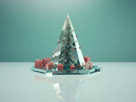 Low poly Christmas tree with gifts on mirror floor. AI generative.の素材