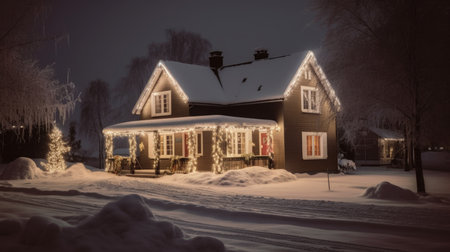 American private house decorated with garlands. Falling snow Christmas. AI generative.の素材