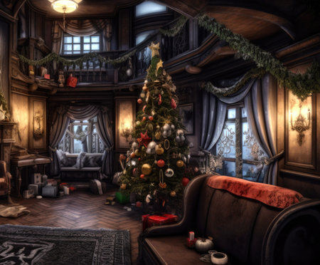 Christmas tree in a strange house. AI generative.の素材