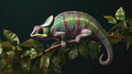 Chameleon on a branch photorealistic. AI generative.の素材