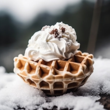 Christmas cake with waffle on snow. AI generative.の素材