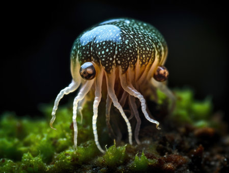 An alien animal in the form of a mushroom on tentacles in the mucus. AI generative.の素材