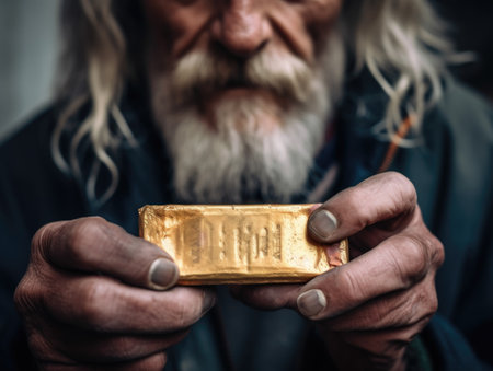 A homeless man holds a gold bar in his hands. .Generative AI.の素材