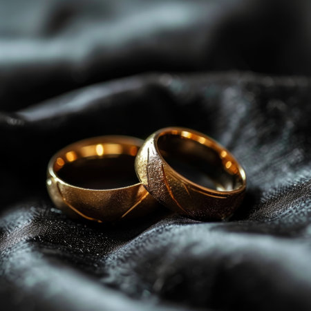 Two gold wedding rings on black suede fabric. AI generative.の素材