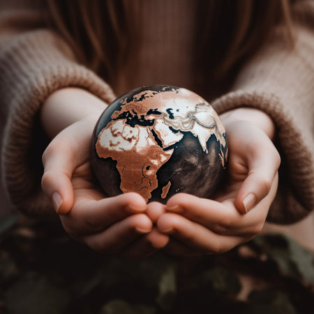 Sphere of the planet Earth on female palms. Caring for the environment. AI generative.の素材