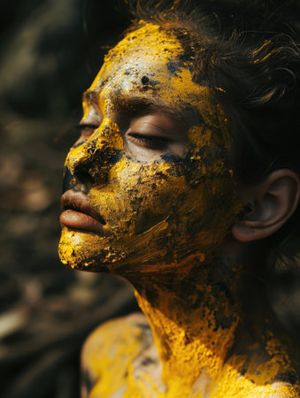 A woman in yellow paint and dirt against the background of the road. AI generative.の素材