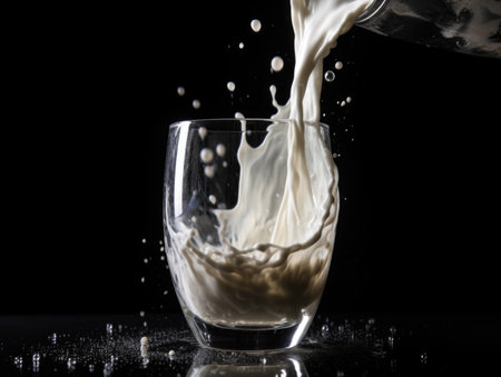 Milk splashes from a glass. AI generative.の素材