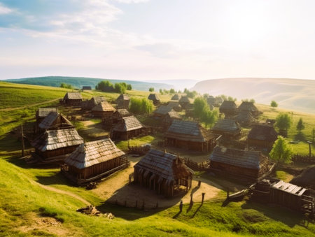 The wooden settlement of the Middle Ages on a hill. Generative AI.の素材