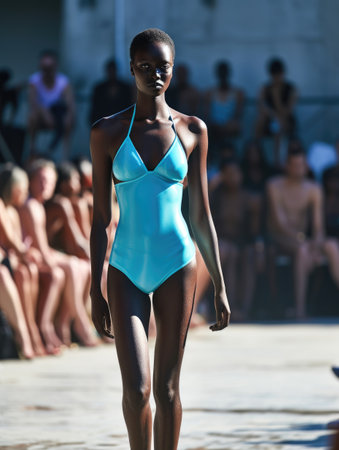 African-American model on the catwalk in a full-body swimsuit. AI generative.の素材
