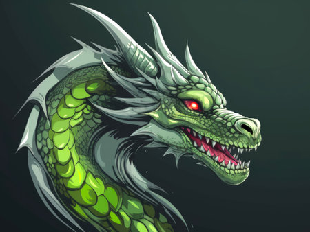Green dragon illustration. Mythical animal. Symbol of power and wealth. AI generative.の素材