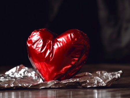 Red heart made of foil. Holiday decoration. Valentine's Day. February 14th. AI generative.の素材