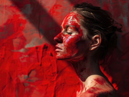 Body art with red paint. Protest against violence against women. AI generative.の素材