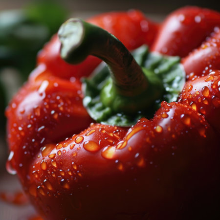Sweet red pepper close-up. Beautiful vegetables. AI generative.の素材