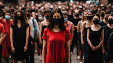 A crowd of people in black and red clothes wearing masks.の素材