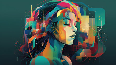 The face of a beautiful girl in colorful colors in high-tech style. AI generative.の素材