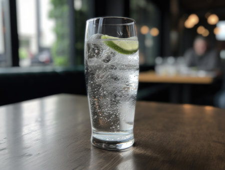 A long glass of pure sparkling water. AI generative.の素材