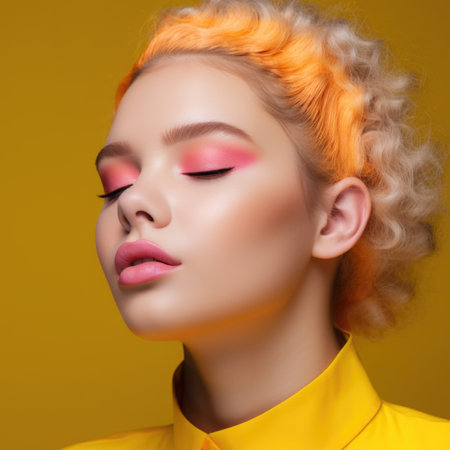 Portrait of a young woman in yellow clothes with bright makeup. AI generative.の素材