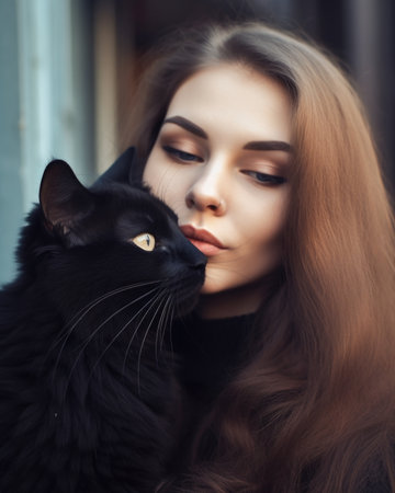 Young woman and cat. Human love for animals. AI generative.の素材