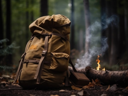 Camping backpack. Camping in the forest. Camping. Journey. AI generative.の素材
