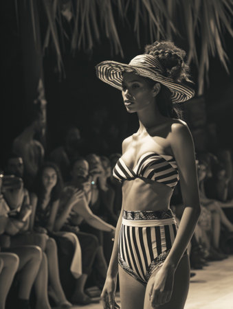 African-American model on the catwalk in a full-body swimsuit. AI generative.の素材