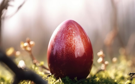 Easter glossy egg against the background of spring nature. AI generative.の素材