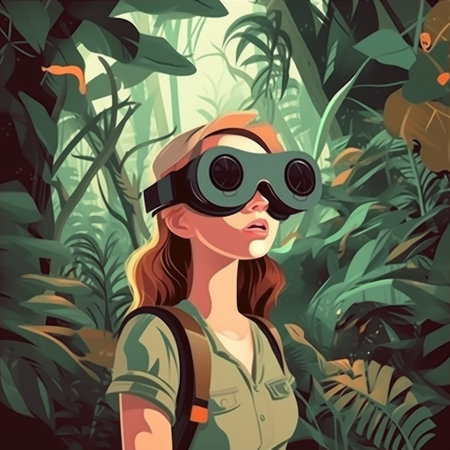 Illustration of a little girl wearing VR glasses in the jungle. Alternative reality. AI generative.の素材