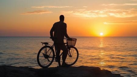 A man with a bicycle against the background of a sunset. AI generative.の素材