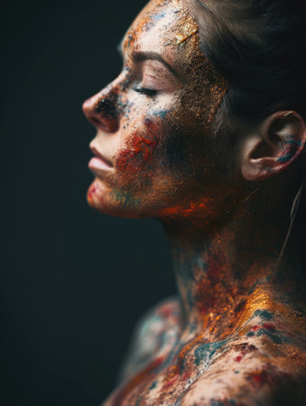 Young woman wearing colored paint. Body art. AI generative.の素材