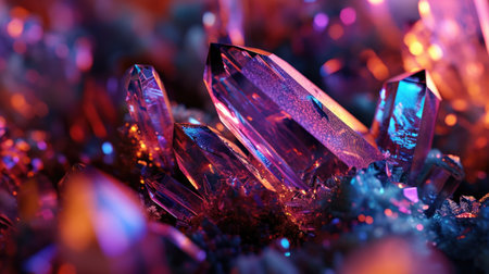 Neon light multicolored abstract background or screensaver for PC made of crystals. Generative AI.の素材