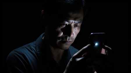 A man looks at a smartphone in the dark. AI generative.の素材