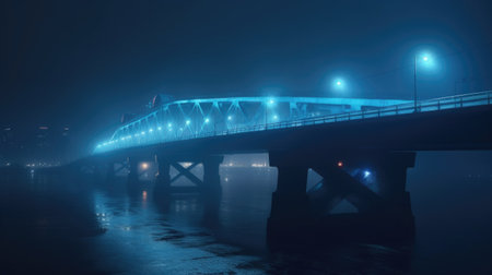 Night bridge illuminated in blue tones. Architecture. AI generative.の素材