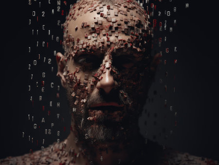A man's face is shrouded in cyber particles. AI generative.の素材