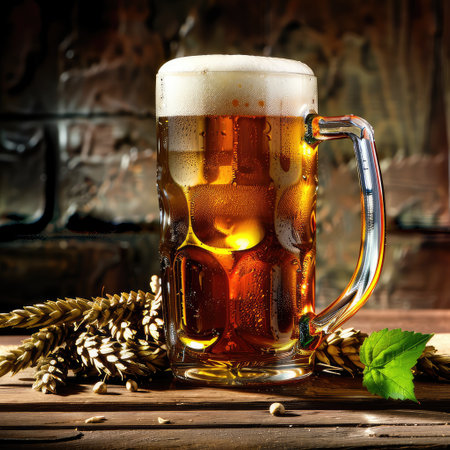 Mug of Beer on a Wooden Table. Hops and Malts. AI generative.の素材