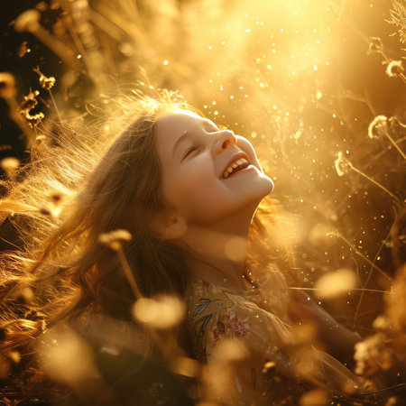 Little girl in a field of flowers. Golden rays of the sun, gentle breeze, laughter, and joy. AI generative.の素材