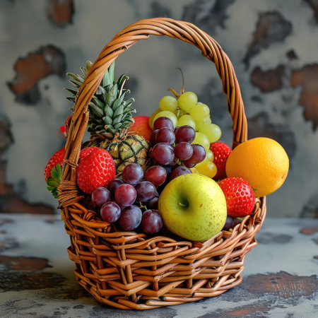 Woven basket with fruits. AI generative.の素材