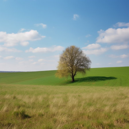 lonely tree in the field. Spring. scenery. AI generative.の素材