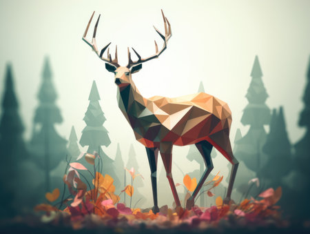 Low poly deer in the forest. AI generative.の素材