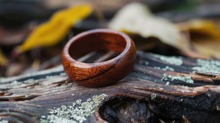 Wooden ring in close-up. Natural jewelry. Connection with nature. AI generative.の素材