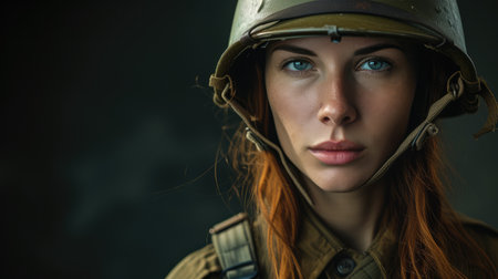 Young woman in military uniform and helmet. AI generative.の素材
