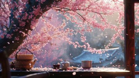 Breakfast amid blossoming sakura. AI generative.の素材